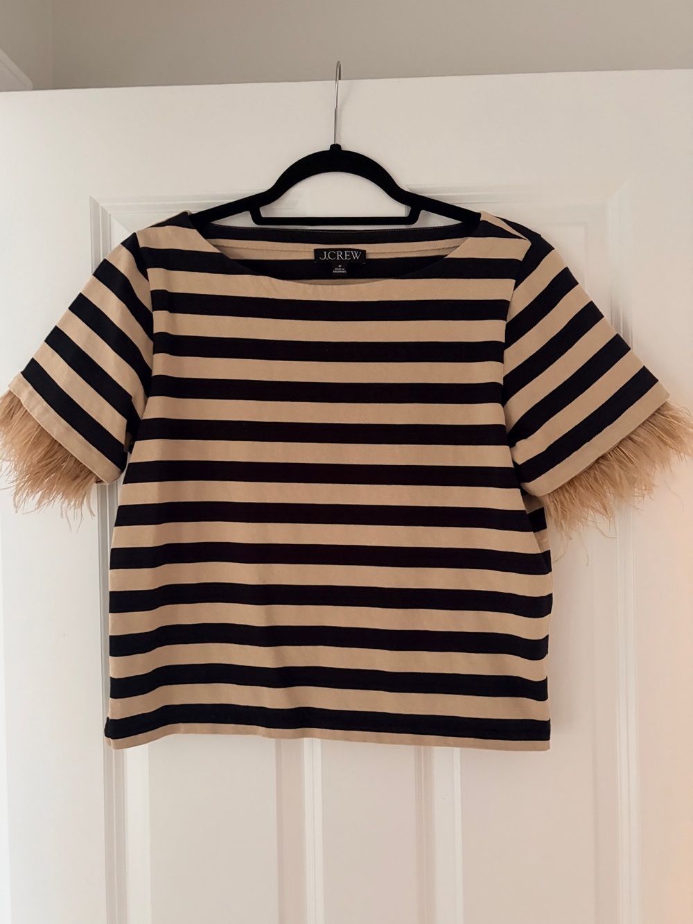 J. Crew Black and Beige Striped Tee with Feather Sleeve Detail - Picture 2 of 6